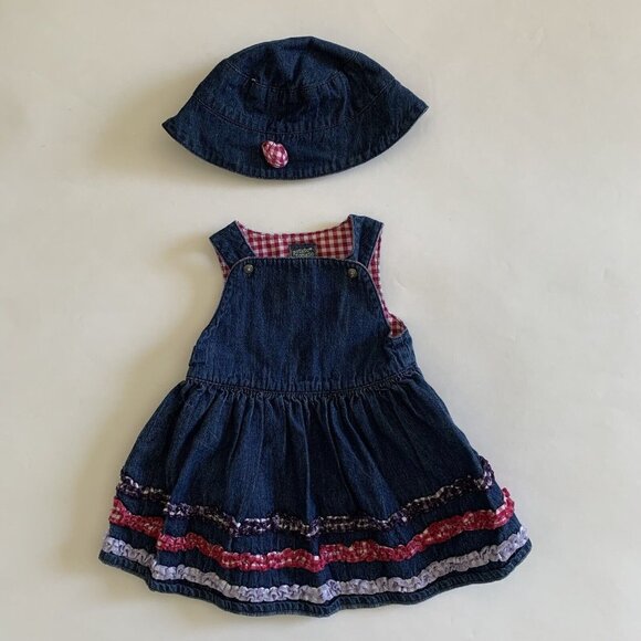 Potato Tomato Girls Size 9M Dress Denim Plaid Tiered Ruffle Dress and Hat Set - Picture 4 of 9